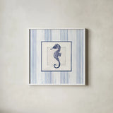 Sanibel Shell IV Navy by Avery Tillmon. Shown in a crisp white glass frame for a clean and minimalist style. Available as an archival giclee rolled canvas, fine art paper, or poster print. SKU 65635a.