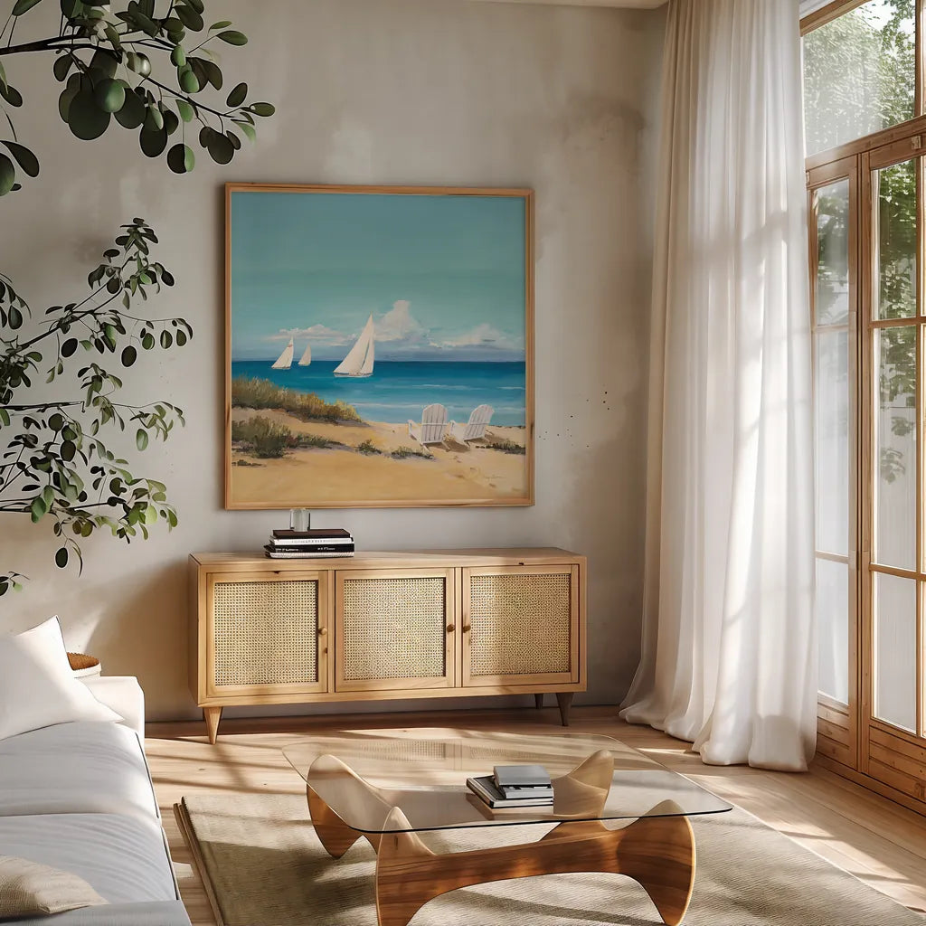 Setting Sail by Avery Tillmon. Shown in a natural wood frame in a cozy modern living room. Available as an archival giclee rolled canvas, fine art paper, or poster print. SKU 11839a.