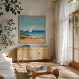 Setting Sail by Avery Tillmon. Shown in a natural wood frame in a cozy modern living room. Available as an archival giclee rolled canvas, fine art paper, or poster print. SKU 11839a.