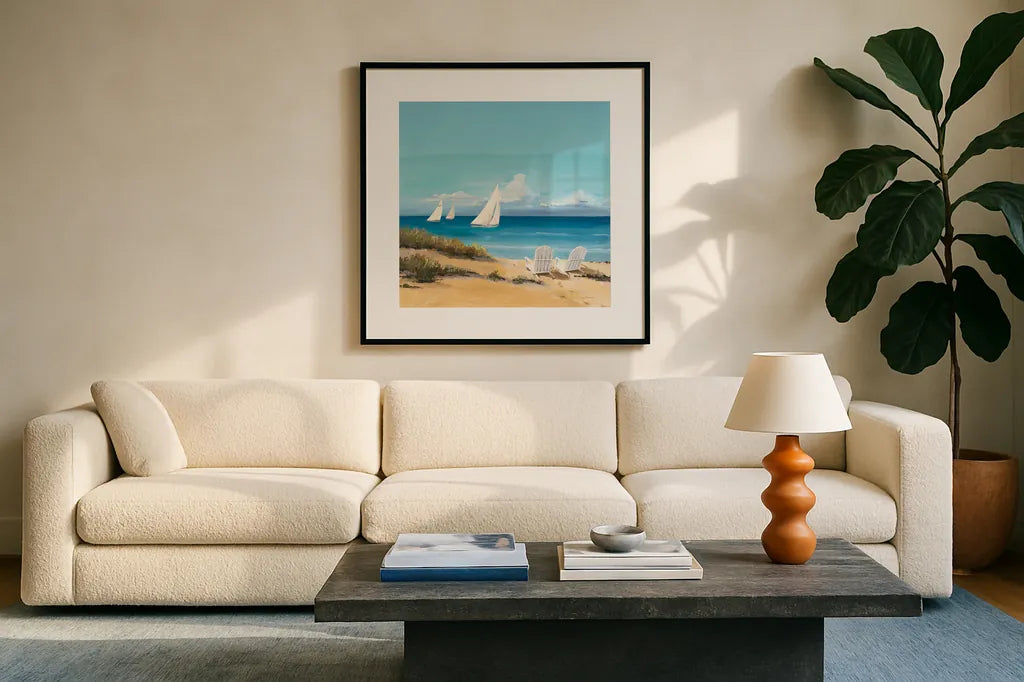 Setting Sail by Avery Tillmon. Displayed in a glass frame with matte in a clean modern living room. Available as an archival giclee rolled canvas, fine art paper, or poster print. SKU 11839a.