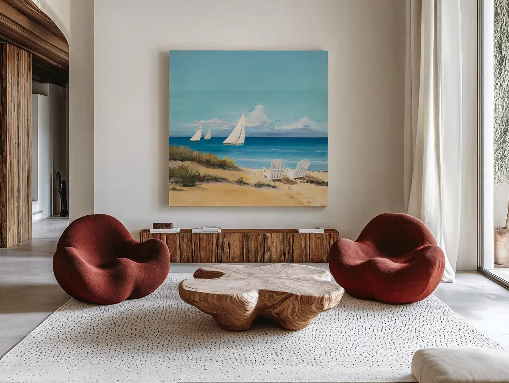 Setting Sail by Avery Tillmon. Shown as extra-large giant wall art in a modern living room. Available as an archival giclee rolled canvas, fine art paper, or poster print. SKU 11839a.