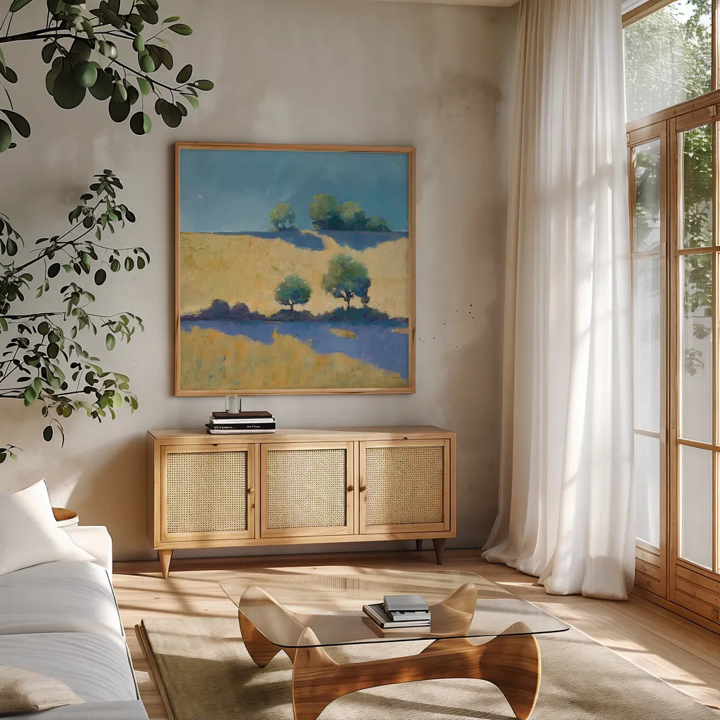 Shadows by Avery Tillmon. Shown in a natural wood frame in a cozy modern living room. Available as an archival giclee rolled canvas, fine art paper, or poster print. SKU 26424a.