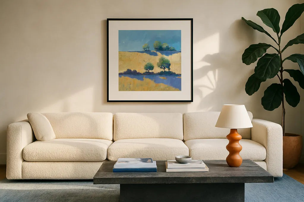 Shadows by Avery Tillmon. Displayed in a glass frame with matte in a clean modern living room. Available as an archival giclee rolled canvas, fine art paper, or poster print. SKU 26424a.