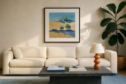 Shadows by Avery Tillmon. Displayed in a glass frame with matte in a clean modern living room. Available as an archival giclee rolled canvas, fine art paper, or poster print. SKU 26424a.