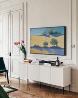 Shadows Crop by Avery Tillmon. shown as a framed stretched canvas in a living room above a console. Available as a archival giclee rolled canvas, fine art paper, or poster print. SKU 26424i.