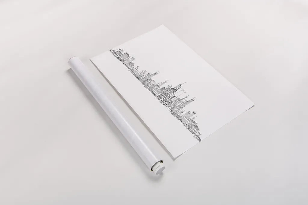 Skyline Chicago v2 by Avery Tillmon. shown as a rolled paper print. Available as archival giclee rolled canvas, fine art paper, or poster print. SKU 83559i.