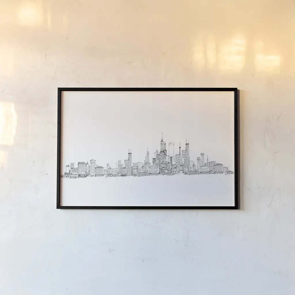 Skyline Chicago v2 by Avery Tillmon. shown as a paper print in a black flame. Available as a archival giclee rolled canvas, fine art paper, or poster print. SKU 83559i.