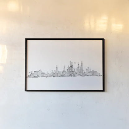 Skyline Chicago v2 by Avery Tillmon. shown as a paper print in a black flame. Available as a archival giclee rolled canvas, fine art paper, or poster print. SKU 83559i.