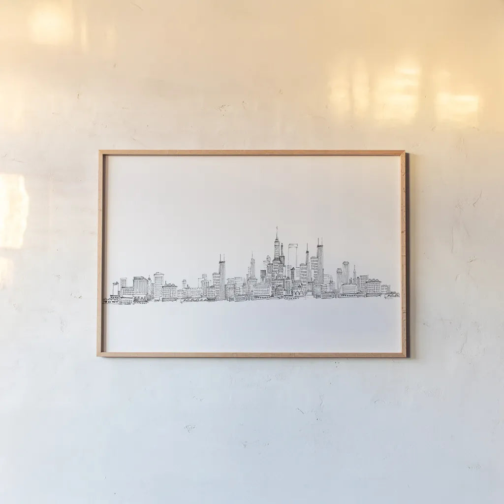 Skyline Chicago v2 by Avery Tillmon. shown as a paper print in a natural frame. Available as a archival giclee rolled canvas, fine art paper, or poster print. SKU 83559i.