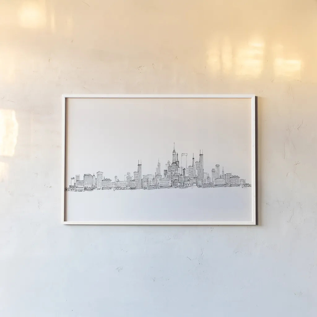 Skyline Chicago v2 by Avery Tillmon. shown as a paper print in a white frame. Available as a archival giclee rolled canvas, fine art paper, or poster print. SKU 83559i.
