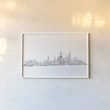 Skyline Chicago v2 by Avery Tillmon. shown as a paper print in a white frame. Available as a archival giclee rolled canvas, fine art paper, or poster print. SKU 83559i.