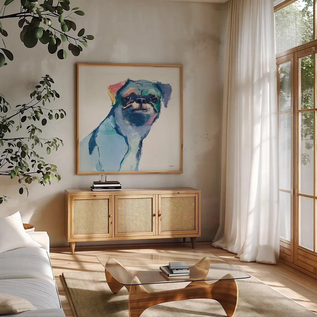 Snug Watercolor Pastel by Avery Tillmon. Shown in a natural wood frame in a cozy modern living room. Available as an archival giclee rolled canvas, fine art paper, or poster print. SKU 30459a.