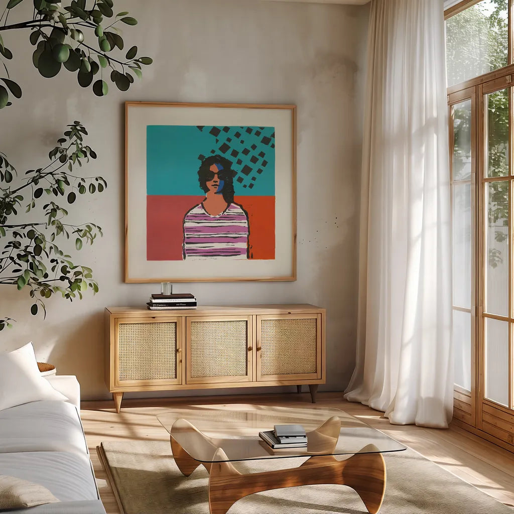 Sofia by Avery Tillmon. Shown in a natural wood frame in a cozy modern living room. Available as an archival giclee rolled canvas, fine art paper, or poster print. SKU 46773a.