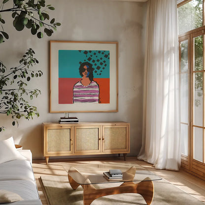 Sofia by Avery Tillmon. Shown in a natural wood frame in a cozy modern living room. Available as an archival giclee rolled canvas, fine art paper, or poster print. SKU 46773a.