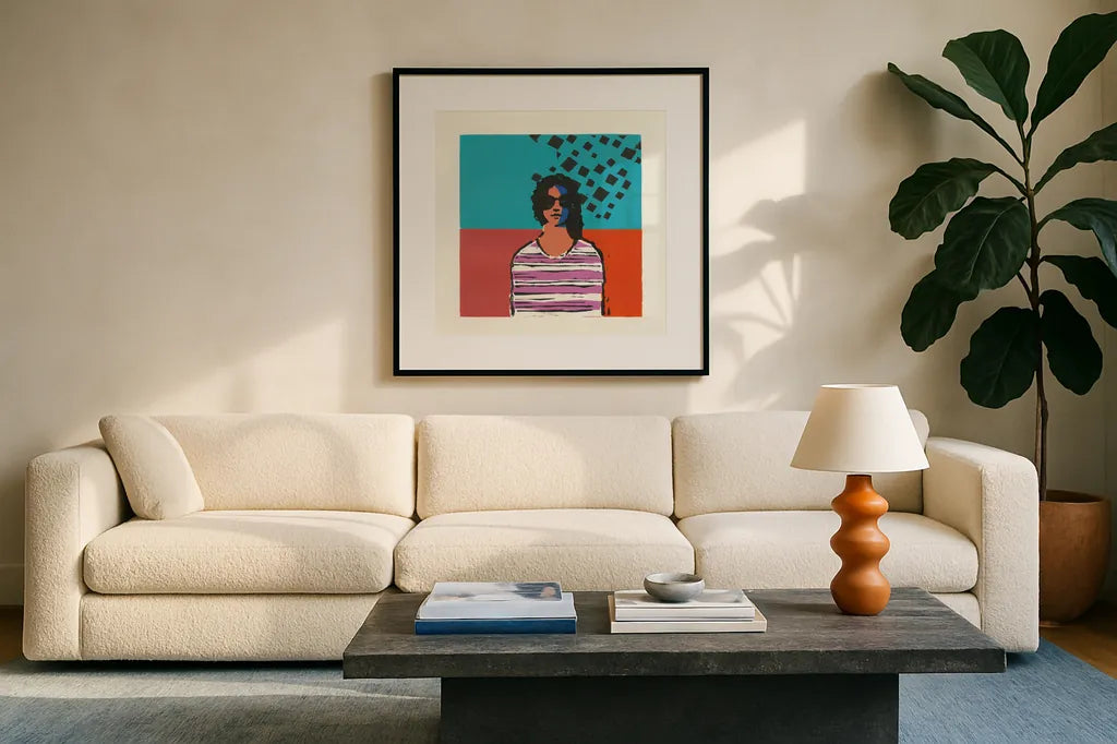 Sofia by Avery Tillmon. Displayed in a glass frame with matte in a clean modern living room. Available as an archival giclee rolled canvas, fine art paper, or poster print. SKU 46773a.