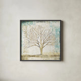 Solitary Tree Collage by Avery Tillmon. Shown in a sleek black glass frame for a contemporary gallery look. Available as an archival giclee rolled canvas, fine art paper, or poster print. SKU 17025a.