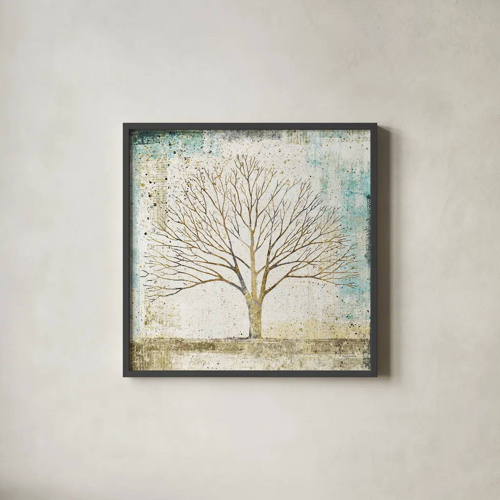 Solitary Tree Collage by Avery Tillmon. Shown in a sleek black glass frame for a contemporary gallery look. Available as an archival giclee rolled canvas, fine art paper, or poster print. SKU 17025a.