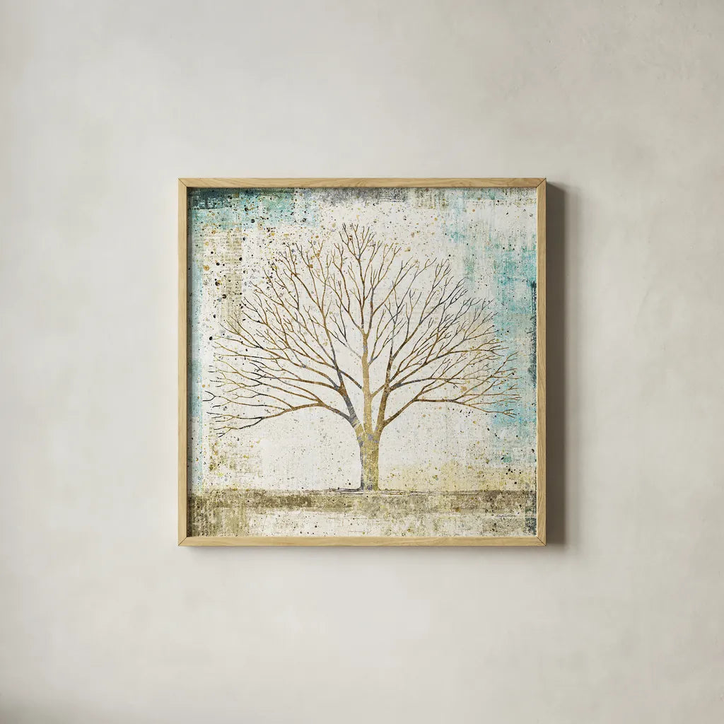 Solitary Tree Collage by Avery Tillmon. Shown in a natural wood glass frame for a timeless modern aesthetic. Available as an archival giclee rolled canvas, fine art paper, or poster print. SKU 17025a.