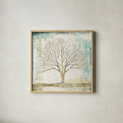 Solitary Tree Collage by Avery Tillmon. Shown in a natural wood glass frame for a timeless modern aesthetic. Available as an archival giclee rolled canvas, fine art paper, or poster print. SKU 17025a.