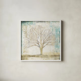 Solitary Tree Collage by Avery Tillmon. Shown in a crisp white glass frame for a clean and minimalist style. Available as an archival giclee rolled canvas, fine art paper, or poster print. SKU 17025a.