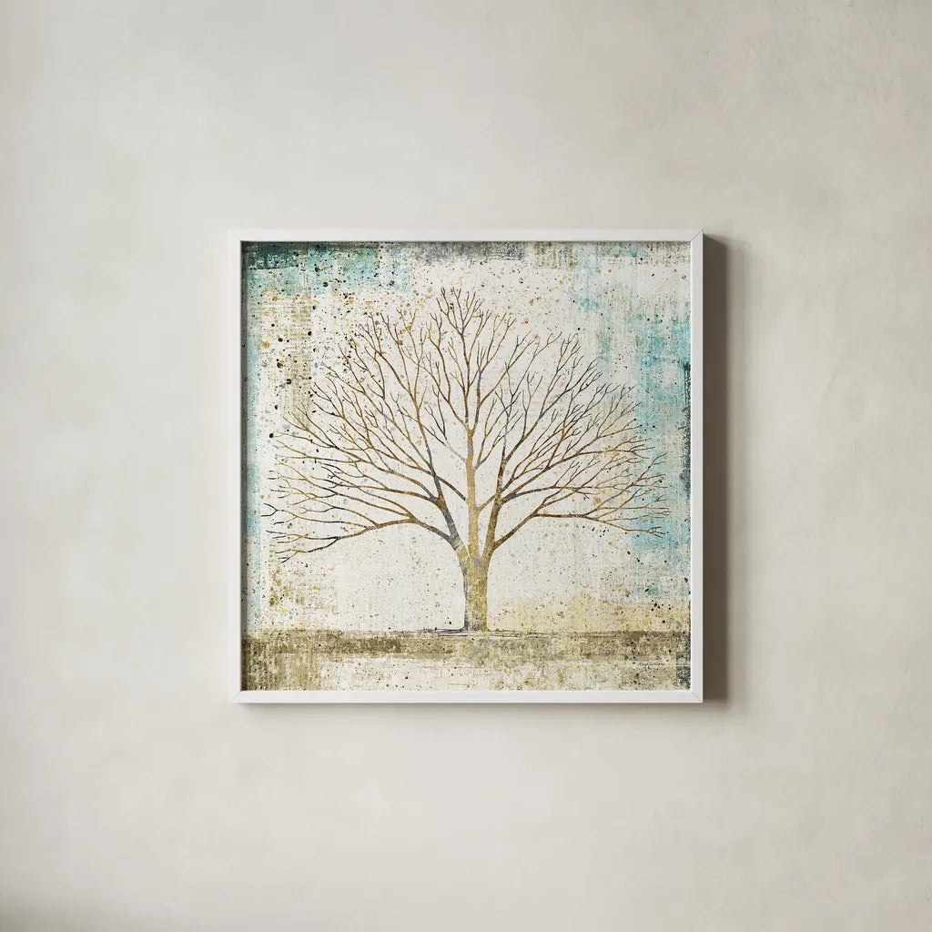Solitary Tree Collage by Avery Tillmon. Shown in a crisp white glass frame for a clean and minimalist style. Available as an archival giclee rolled canvas, fine art paper, or poster print. SKU 17025a.