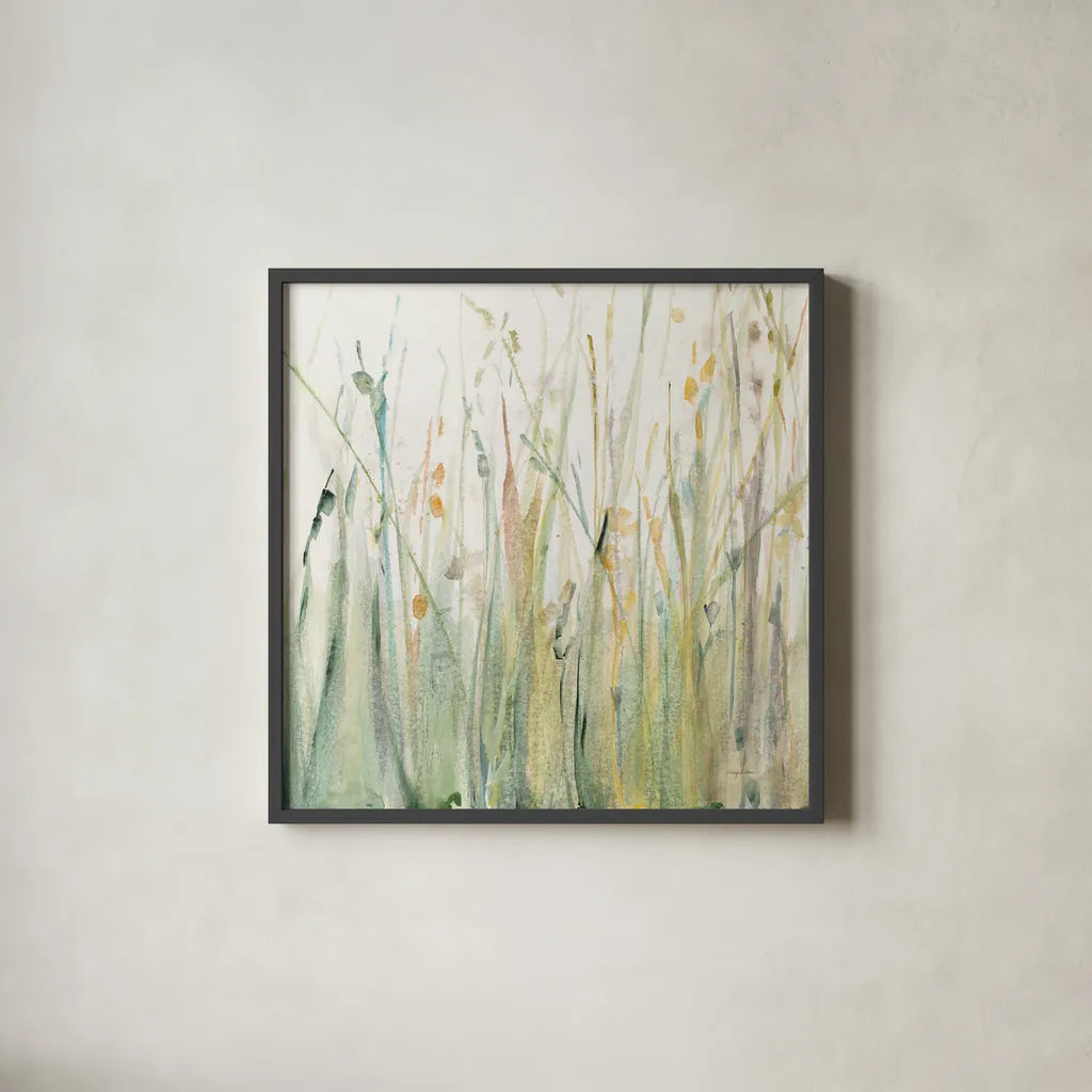 Spring Grasses I Crop by Avery Tillmon. Shown in a sleek black glass frame for a contemporary gallery look. Available as an archival giclee rolled canvas, fine art paper, or poster print. SKU 28631a.
