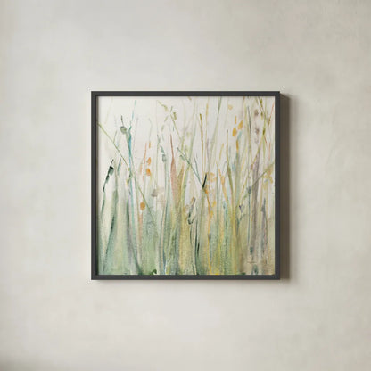 Spring Grasses I Crop by Avery Tillmon. Shown in a sleek black glass frame for a contemporary gallery look. Available as an archival giclee rolled canvas, fine art paper, or poster print. SKU 28631a.