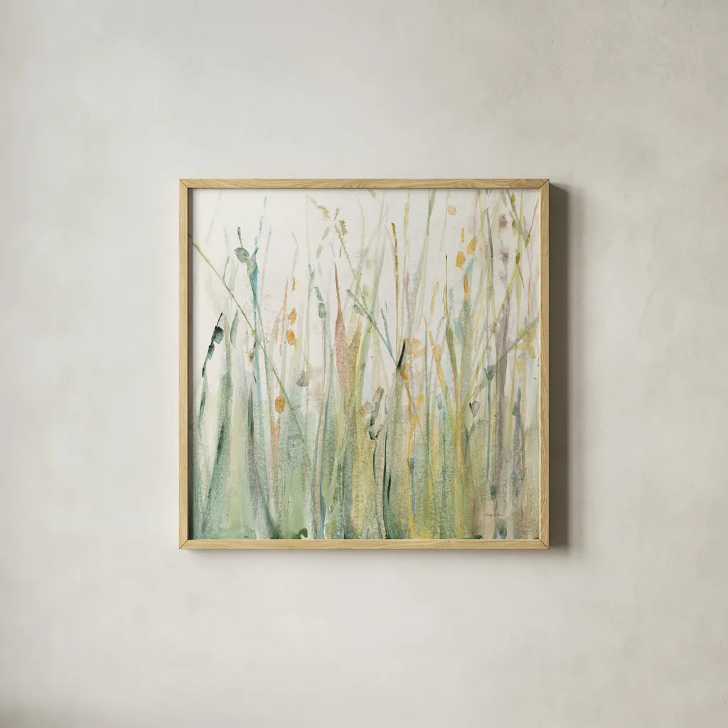 Spring Grasses I Crop by Avery Tillmon. Shown in a natural wood glass frame for a timeless modern aesthetic. Available as an archival giclee rolled canvas, fine art paper, or poster print. SKU 28631a.