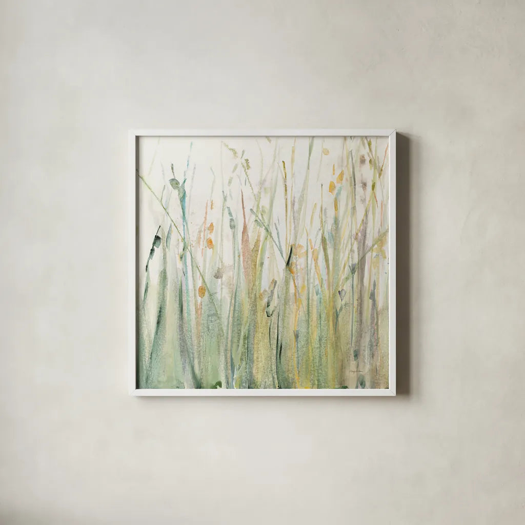 Spring Grasses I Crop by Avery Tillmon. Shown in a crisp white glass frame for a clean and minimalist style. Available as an archival giclee rolled canvas, fine art paper, or poster print. SKU 28631a.