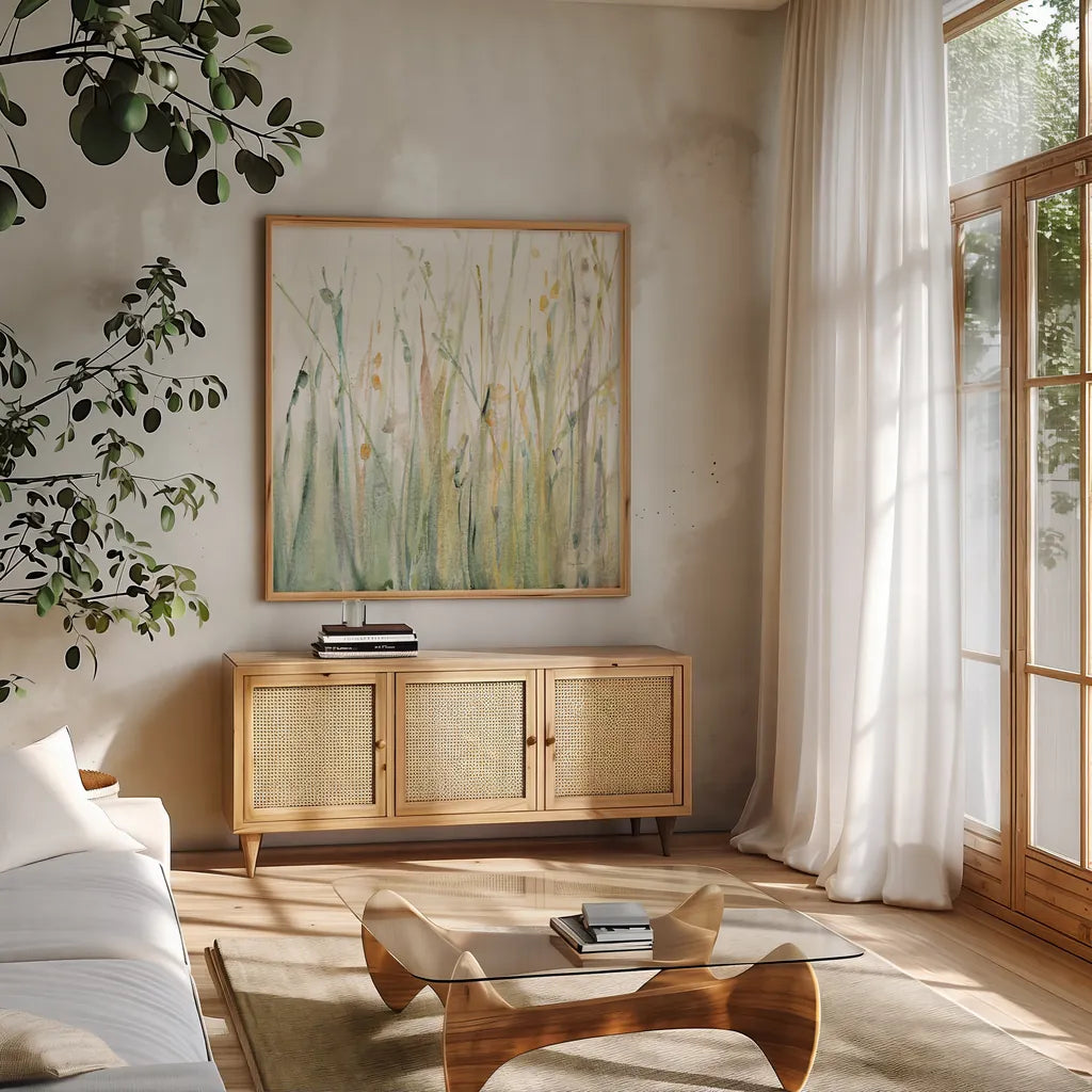 Spring Grasses I Crop by Avery Tillmon. Shown in a natural wood frame in a cozy modern living room. Available as an archival giclee rolled canvas, fine art paper, or poster print. SKU 28631a.