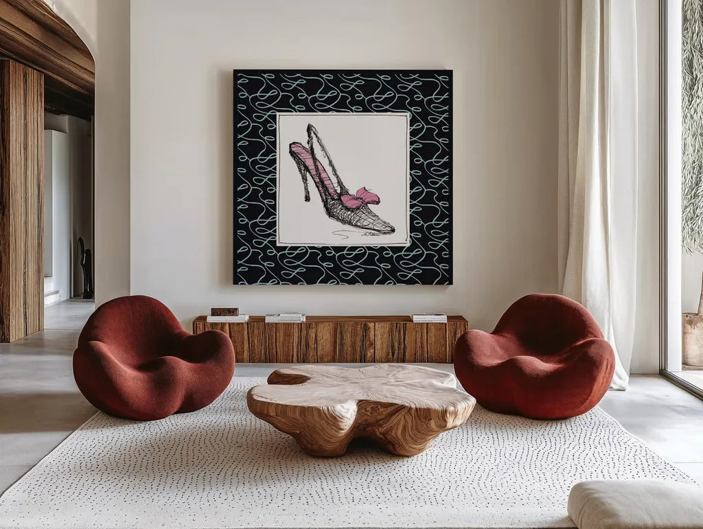 Steppin Out I Pink by Avery Tillmon. Shown as extra-large giant wall art in a modern living room. Available as an archival giclee rolled canvas, fine art paper, or poster print. SKU 49770a.
