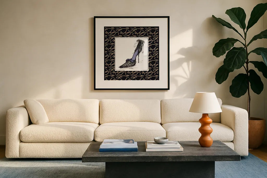 Steppin Out II Purple by Avery Tillmon. Displayed in a glass frame with matte in a clean modern living room. Available as an archival giclee rolled canvas, fine art paper, or poster print. SKU 49771a.