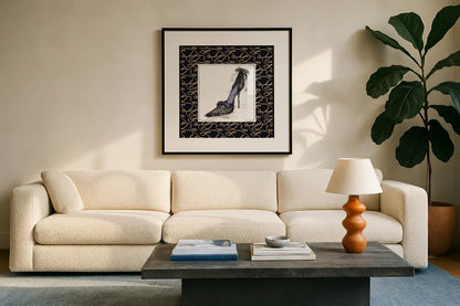 Steppin Out II Purple by Avery Tillmon. Displayed in a glass frame with matte in a clean modern living room. Available as an archival giclee rolled canvas, fine art paper, or poster print. SKU 49771a.