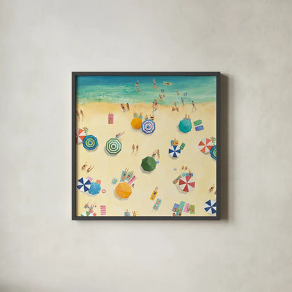 Summer Beach Fun by Avery Tillmon. Shown in a sleek black glass frame for a contemporary gallery look. Available as an archival giclee rolled canvas, fine art paper, or poster print. SKU 49597a.