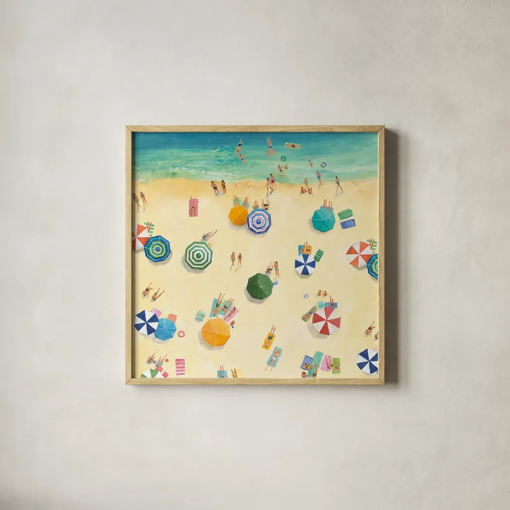 Summer Beach Fun by Avery Tillmon. Shown in a natural wood glass frame for a timeless modern aesthetic. Available as an archival giclee rolled canvas, fine art paper, or poster print. SKU 49597a.