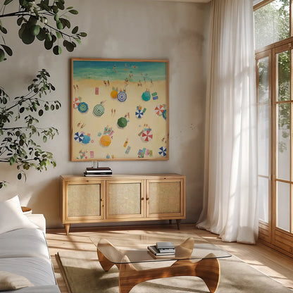 Summer Beach Fun by Avery Tillmon. Shown in a natural wood frame in a cozy modern living room. Available as an archival giclee rolled canvas, fine art paper, or poster print. SKU 49597a.