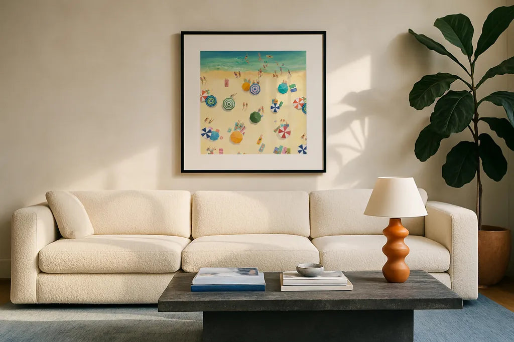 Summer Beach Fun by Avery Tillmon. Displayed in a glass frame with matte in a clean modern living room. Available as an archival giclee rolled canvas, fine art paper, or poster print. SKU 49597a.