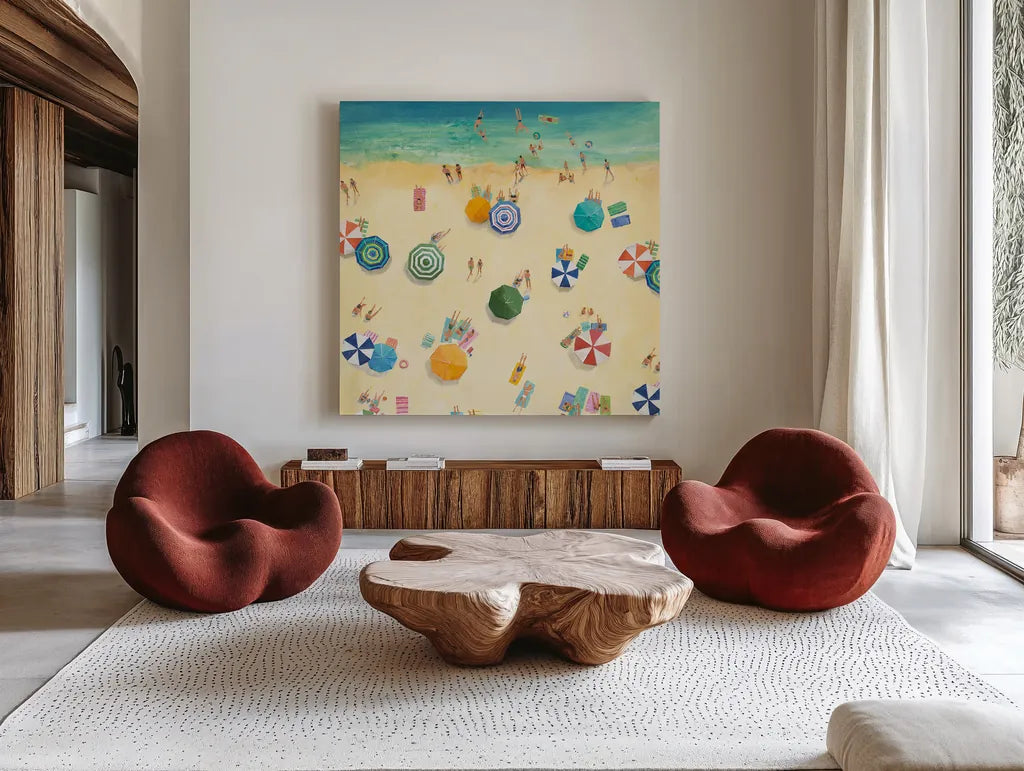 Summer Beach Fun by Avery Tillmon. Shown as extra-large giant wall art in a modern living room. Available as an archival giclee rolled canvas, fine art paper, or poster print. SKU 49597a.