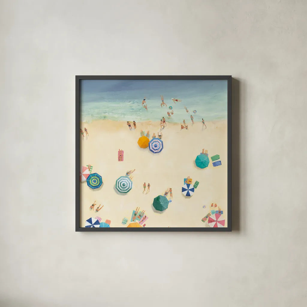 Summer Beach Fun II Bright Crop by Avery Tillmon. Shown in a sleek black glass frame for a contemporary gallery look. Available as an archival giclee rolled canvas, fine art paper, or poster print. SKU 69197a.