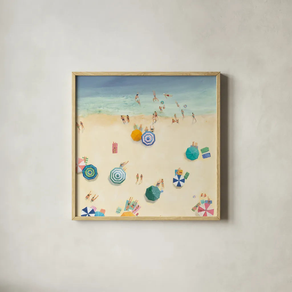 Summer Beach Fun II Bright Crop by Avery Tillmon. Shown in a natural wood glass frame for a timeless modern aesthetic. Available as an archival giclee rolled canvas, fine art paper, or poster print. SKU 69197a.