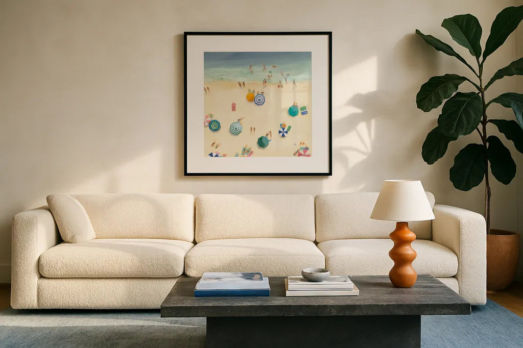 Summer Beach Fun II Bright Crop by Avery Tillmon. Displayed in a glass frame with matte in a clean modern living room. Available as an archival giclee rolled canvas, fine art paper, or poster print. SKU 69197a.