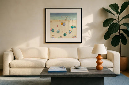 Summer Beach Fun II Bright Crop by Avery Tillmon. Displayed in a glass frame with matte in a clean modern living room. Available as an archival giclee rolled canvas, fine art paper, or poster print. SKU 69197a.