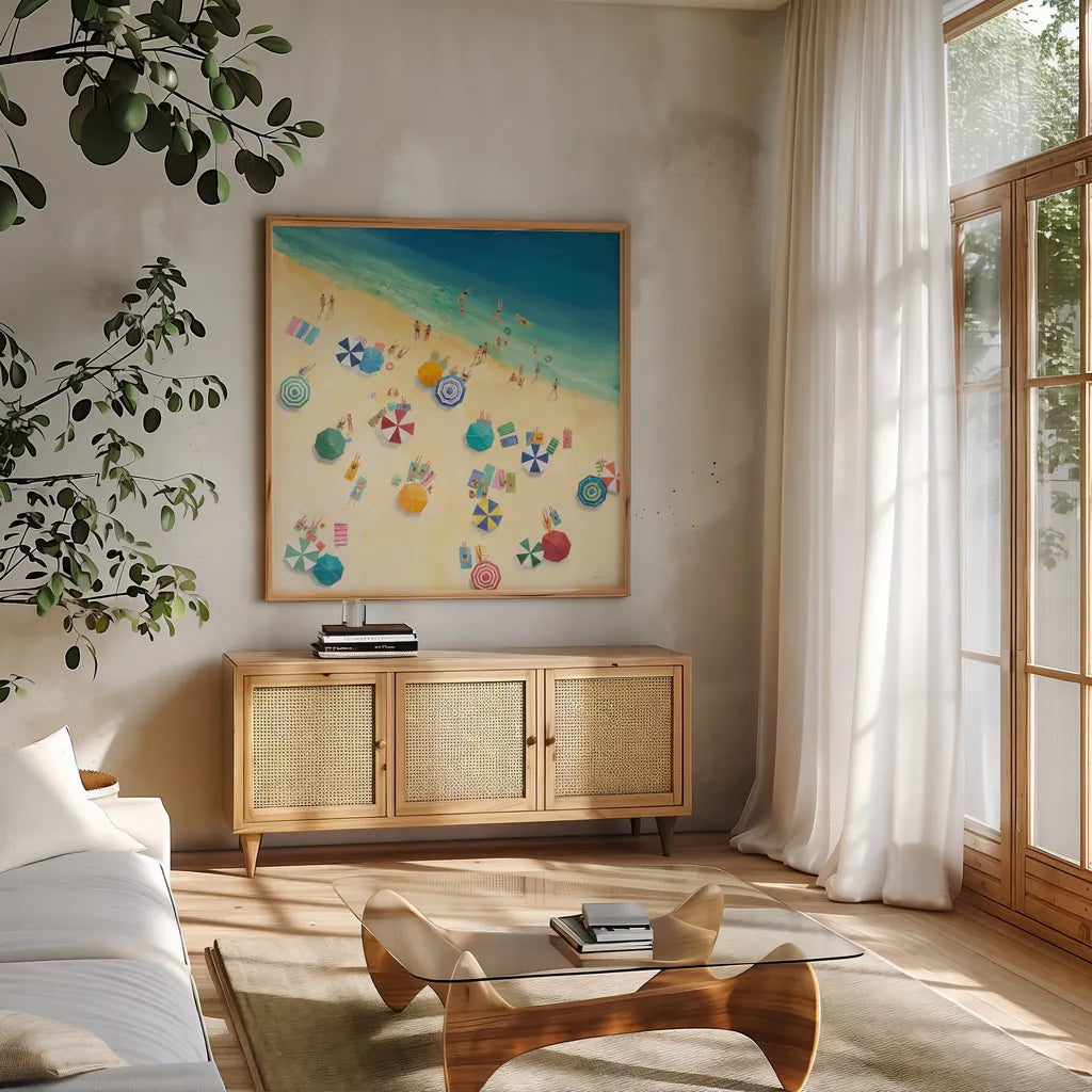 Summer Fun by Avery Tillmon. Shown in a natural wood frame in a cozy modern living room. Available as an archival giclee rolled canvas, fine art paper, or poster print. SKU 16401a.