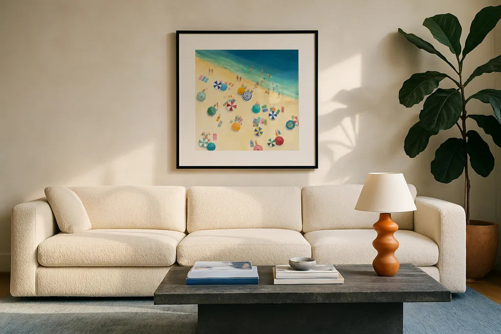 Summer Fun by Avery Tillmon. Displayed in a glass frame with matte in a clean modern living room. Available as an archival giclee rolled canvas, fine art paper, or poster print. SKU 16401a.