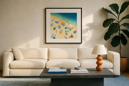 Summer Fun by Avery Tillmon. Displayed in a glass frame with matte in a clean modern living room. Available as an archival giclee rolled canvas, fine art paper, or poster print. SKU 16401a.