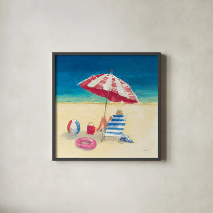 Summer Fun Umbrella by Avery Tillmon. Shown in a sleek black glass frame for a contemporary gallery look. Available as an archival giclee rolled canvas, fine art paper, or poster print. SKU 90788a.