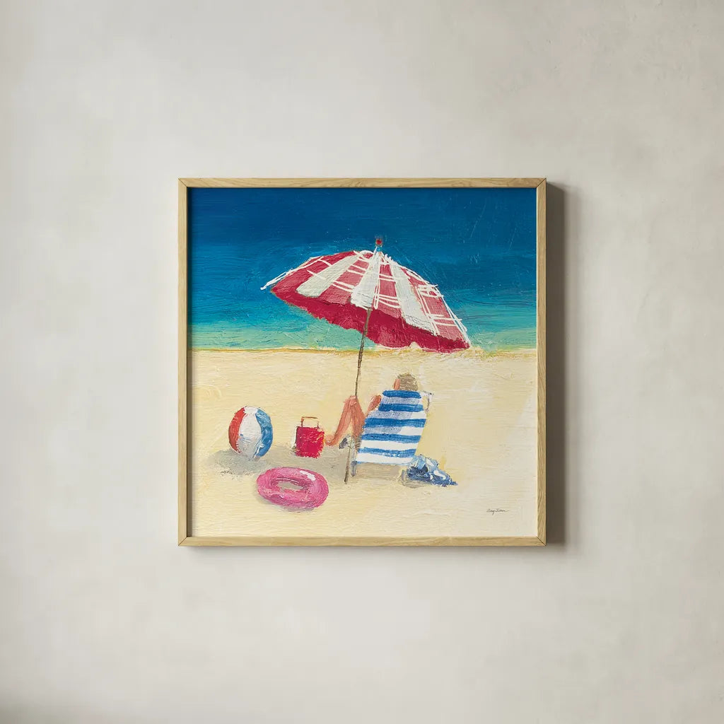 Summer Fun Umbrella by Avery Tillmon. Shown in a natural wood glass frame for a timeless modern aesthetic. Available as an archival giclee rolled canvas, fine art paper, or poster print. SKU 90788a.
