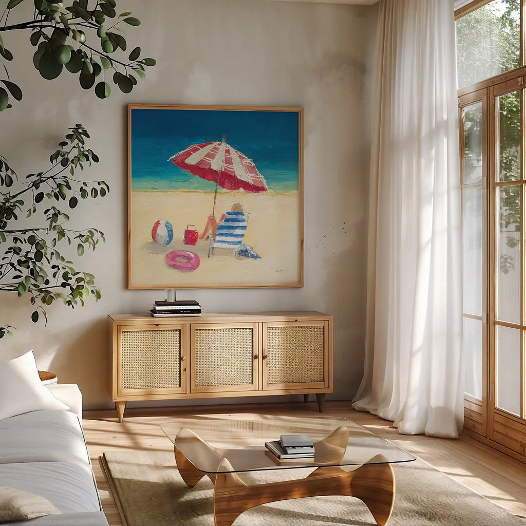 Summer Fun Umbrella by Avery Tillmon. Shown in a natural wood frame in a cozy modern living room. Available as an archival giclee rolled canvas, fine art paper, or poster print. SKU 90788a.