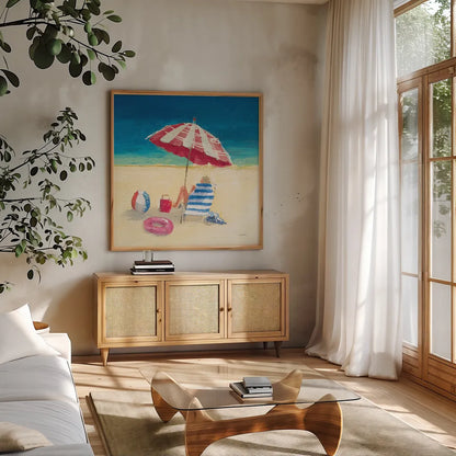 Summer Fun Umbrella by Avery Tillmon. Shown in a natural wood frame in a cozy modern living room. Available as an archival giclee rolled canvas, fine art paper, or poster print. SKU 90788a.