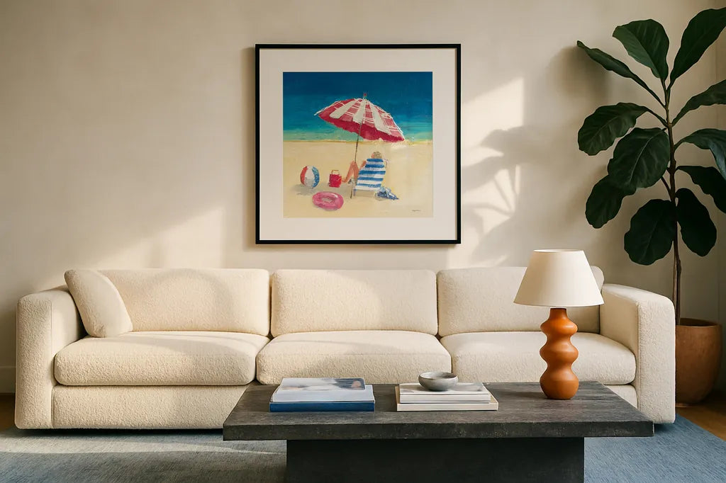 Summer Fun Umbrella by Avery Tillmon. Displayed in a glass frame with matte in a clean modern living room. Available as an archival giclee rolled canvas, fine art paper, or poster print. SKU 90788a.